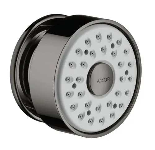 Runde Brause in glänzendem Schwarzchrom mit mehreren Düsenauslässen, präsentiert von Hansgrohe. Geeignet für Badezimmerinstallationen.
